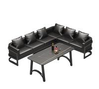 KIBONCY Modern U-Shaped Sectional Sofa with Coffee Table, Industrial PU Leather Lounge Set for Bar, Club, and Home Space, Black Furniture with Pillows(E)
