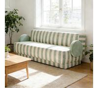 KIBONCY Retro Striped Single Seater Sofa, Mint Green & Beige Fabric Upholstered Accent Chair with Round Armrests for Living Room(Double)