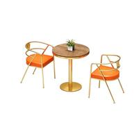 KIBONCY Round Wood Grain Table with Gold Pedestal, Industrial Barrel Stool Set, Storage Stools with Orange Cushions, for Retro Bars & Loft(G)