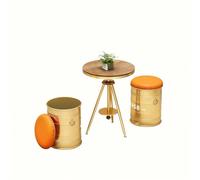 KIBONCY Round Wood Grain Table with Gold Pedestal, Industrial Barrel Stool Set, Storage Stools with Orange Cushions, for Retro Bars & Loft(H)