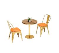 KIBONCY Round Wood Grain Table with Gold Pedestal, Industrial Barrel Stool Set, Storage Stools with Orange Cushions, for Retro Bars & Loft(D)