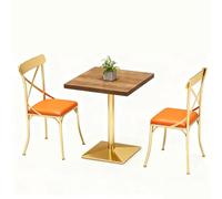 KIBONCY Round Wood Grain Table with Gold Pedestal, Industrial Barrel Stool Set, Storage Stools with Orange Cushions, for Retro Bars & Loft(A)