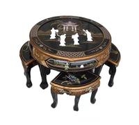 KIBONCY Set Sala Da Pranzo Rotondo Cinese Artigianale, Mobili In Lacca Nera Con Intarsio Madreperla,4/6 Sgabelli A Ventaglio Abbinati, Ideale Per Sala Pranzo Asiatica E Arredamento(70cm*60cm)