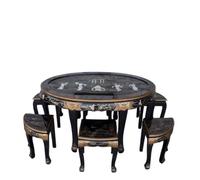 KIBONCY Set Sala Da Pranzo Rotondo Cinese Artigianale, Mobili In Lacca Nera Con Intarsio Madreperla,4/6 Sgabelli A Ventaglio Abbinati, Ideale Per Sala Pranzo Asiatica E Arredamento(137 * 72 * 78cm)