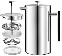 KICHLY Caffettiera a pistone in acciaio inox, macchina per caffè espresso e tè con triplo filtro, vetro resistente al calore con pistone in acciaio, caffettiera portatile, 34 oz (1,0 litri), argento