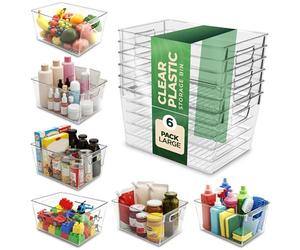 KICHLY Organizzatori di dispensa e contenitori, confezione da 6 trasparenti con maniglie per cucina, armadio e frigorifero, senza BPA, contenitori impilabili per la conservazione degli alimenti
