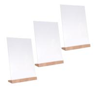 KICHOUSE Portacartello da Tavolo in Acrilico Trasparente Base in Legno Espositore a Forma di l Inclinato per Menu e Cartelli A4 Set da 3 Pezzi per Ristoranti Uffici e Hotel