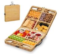 Kicinn Tagliere legno grande per formaggi, set aperitivo pieghevole, Bambù | Vassoio da portata 58 x 29 cm con scomparti, 4 coltelli, 6 forchette e 2 ciotoline, idea regalo per casa nuova
