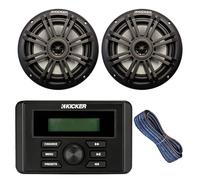 Kicker Ricevitore stereo AM/FM Bluetooth marino resistente alle intemperie Combo con 1 coppia (Qtà 2) di 6,5 pollici 2-Way 150W Max Power coassiale Nero Marine Audio Altoparlanti, 150 piedi 16-Gauge