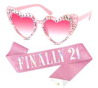 KICOSY Finally - Set di decorazioni per il 21° compleanno, occhiali da sole a forma di cuore con strass rosa con fascia glitterata, accessori per il 21°