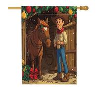 Kid Merry Christmas Western Cowboy Front Yard Backyard Linen Vertical House Flags 28x40 Double Face per esterno, Southwest Xmas Horse Home Print Flag, Holiday New Year Home Outdoor Pattern Flag