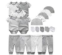 Kiddiezoom - Set di vestiti per bambini, body, pantaloni, cappellini e guantini antigraffio in cotone, 3-6 Mesi