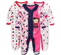 Kiddiezoom - Tutine per bambini e bambine, confezione da 3, Pink Stars & Hearts & Monkeys, 0-3 Mesi