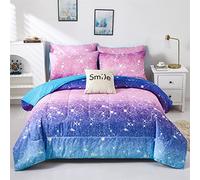 kiddiku Set di biancheria da letto per bambine e ragazze, con glitter viola, 3 pezzi, blu, viola, rosa, sfumato pastello, 2 federe (viola, queen size)