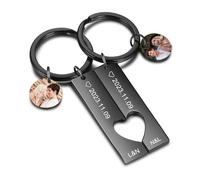 Kiddo Sky 2 Pezzi Set Portachiavi Personalizzato per Coppia, Portachiavi a Forma di Cuore, Portachiavi Coordinati, Regali per Fidanzato Fidanzata (Nero, Foto)