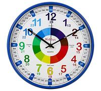 Kiddus Orologio da Parete Didattico per Bambini, Ragazzi. Analogico. Con Esercizi per Imparare a Leggere l’Ora. Movimento al Quarzo Silenzioso. ENGLISH BLUE
