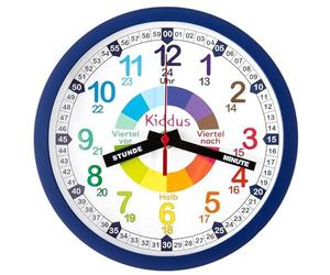 Kiddus Orologio da Parete Didattico per Bambini, Ragazzi. Analogico. Con Esercizi per Imparare a Leggere l’Ora. Movimento al Quarzo Silenzioso. Colore Legno. Tedesco