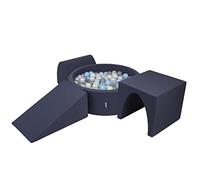 KiddyMoon Area di Gioco in Schiuma con Tondo Piscina di Palline (300 Palline) per Bambini, Blu Scuro:Perla/Grigio/Trasparente/Azzurro/Menta