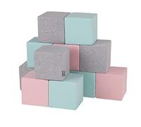 KiddyMoon Cubi Morbidi Schiuma 14 Cm, Blocchi Bambini, Fodera Cotone Zip Lavabile, Sensoriali, 12 Pezzi, Cubi:Grigio Chiaro/Rosa/Menta