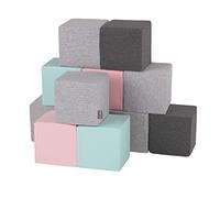 KiddyMoon Cubi Morbidi Schiuma 14 Cm, Blocchi Bambini, Fodera Cotone Zip Lavabile, Sensoriali, 12 Pezzi, Cubi:Grigio Chiaro/Grigio Scuro/Rosa/Menta