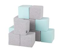 KiddyMoon Cubi Morbidi Schiuma 14 Cm, Blocchi Bambini, Fodera Cotone Zip Lavabile, Sensoriali, 12 Pezzi, Cubi:Grigio Chiaro/Menta
