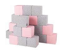 KiddyMoon Cubi Morbidi Schiuma 14 Cm, Blocchi Bambini, Fodera Cotone Zip Lavabile, Sensoriali, 24 Pezzi, Cubi:Grigio Chiaro/Rosa