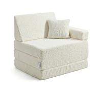 KiddyMoon Poltroncina Per Bambini Con Cuscino In Tessuto Teddy Fatto, Pieghevole Poltrona Trasformabile In Materasso, Crema,Poltroncina Con Cuscino