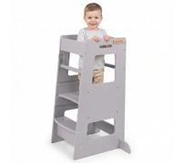 KiddyMoon Torre Montessori Bambini, Learning Tower Cucina, Pedana Regolabile 3 Altezze Con Barra Di Sicurezza, Grigio