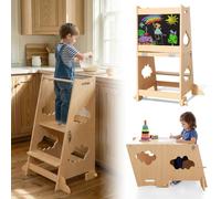 KIDINIX Torre di apprendimento a partire da 1 anno, 3 in 1 Montessori Learning Tower con ringhiera di sicurezza e lavagna, pieghevole per bambini con funzione tavolo per cucina, bagno, colore legno