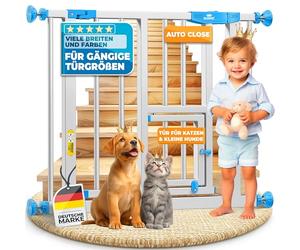 KIDIZ® Cancelletto di Sicurezza per porte, Cancelletto per Bambini, con Porta per Cani e Gatti, senza foratura, espandibile, combinabile con i mandrini a Y, girevole, 74-87 cm - Bianco/Blu