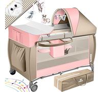 KIDIZ® Lettino per bambini 3in1, Lettino da viaggio, Set - Lettino con fasciatoio, Zanzariera, Pareti laterali aerate, Navicella, pieghevole, fino a 15 kg, Rosa/Beige