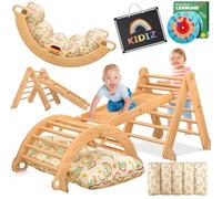 Kidiz Montessori - Set da gioco 7 in 1 con arco da arrampicata, scivolo e triangolo da arrampicata in legno con cuscino, tavolo e orologio di apprendimento - Parco giochi al coperto per bambini