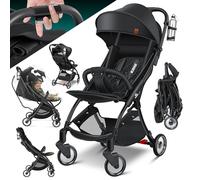 KIDIZ® Premium Passeggino, Passeggino Pieghevole, Ruote pieghevoli a 360° - Imbracatura a 5 punti, incluso Portabibite e Parapioggia, Schienale regolabile e Capottina parasole, Nero