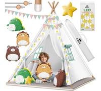 KIDIZ® Tipi Tenda da campeggio per bambini, 100 x 100 x 160 cm, in cotone, con catena di luci a LED, stelle luminose, ghirlanda di bandiere, 3 peluche, tappetino e borsa per il trasporto, per