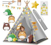 KIDIZ® Tipi - Tenda da gioco per bambini, 100 x 100 x 160 cm, in cotone con catena luminosa a LED, stella luminosa, ghirlande di bandiera, 3 animali di peluche, tappetino e borsa per il trasporto, per