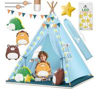 KIDIZ® Tipi - Tenda da gioco per bambini, 100 x 100 x 160 cm, in cotone con catena luminosa a LED, stella luminosa, ghirlande di bandiera, 3 animali di peluche, tappetino e borsa per il trasporto, per