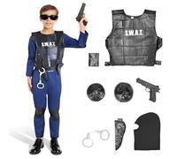 Kidken Set da gioco di ruolo SWAT Force, costume da polizia per ragazzi e bambini, con gilet tattico, casco, ginocchiere e altri accessori per la polizia (SWAT, S)