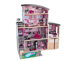 KidKraft Casa delle Bambole in Legno Sparkle con Accessori e Mobili, 4 Piani di Gioco con Gatto, Ascensore e Piscina per bambole di 30 cm, Giocattolo per Bambini 3+ Anni, 65826