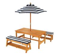 KidKraft Set tavolo e panchine in legno per bambini con cuscini e ombrellone, mobili per giardino e per esterno, Strisce blu navy e bianche, 00106