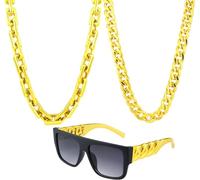 KIDOFLY 3 pezzi Hip Hop Costume Kit 80s 90s Rapper Accessori Outfit Big Chunky Plastica Oro Catena Collana Twist Gamba Punk Occhiali da Sole per Uomo Donna Forniture per feste