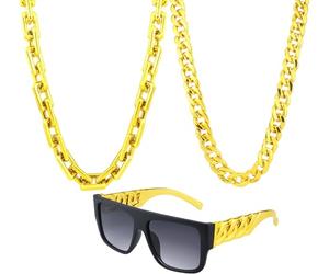 KIDOFLY 3 pezzi Hip Hop Costume Kit 80s 90s Rapper Accessori Outfit Big Chunky Plastica Oro Catena Collana Twist Gamba Punk Occhiali da Sole per Uomo Donna Forniture per feste