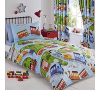 Kids Club Set di biancheria da letto per bambini, 2 Pezzi, Singolo, Tema Treni, Reversibile, Blu, Verde, 50% Cotone, 50% Poliestere