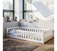 Kids Collective Lettino da pavimento 80 x 160 cm, letto con materasso, protezione dalle cadute e rete a doghe Montessori, letto singolo, set completo | legno massiccio bianco per bambini e bambine