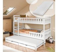 Kids Collective Letto a castello 90x200 per 3 bambini, con 2 cassetti, trasformabile in 3 letti singoli, reti e 3 materassi inclusi, bianco, ideale dai 4 ai 16 anni