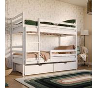 Kids Collective Letto a soppalco 90x200 con 2 cassetti Letto a castello con protezione anticaduta e rete a doghe, trasformabile in due letti per bambini, in legno massiccio bianco, letto funzionale