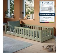 Kids Collective Letto a terra per bambini 90x200 cm con protezione anticaduta e rete a doghe Lettino Montessori a sponde per ragazzi Letto singolo | oliva altre misure 80x160 | 120x200 | 140x200 cm