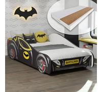 Kids Collective Letto ad Auto 70x140 cm Letto per Bambini con Materasso, Sponda di Sicurezza e Rete a Doghe | Letto Giocattolo per Bambini nero Batman Batmobile Bat Car | Ideale a partire da 2 anni