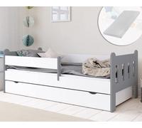 Kids Collective Letto per bambini 80x160 | 80x180 | 90x200 cm con materasso, cassetto, sponda di protezione e rete a doghe in bianco-grigio 80x160 cm Letto per bambine e bambini | dai 3 ai 10 anni