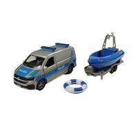 Kids Globe VW Transporter Polizia con barca DE Die Cast Pull Back 29 cm, giocattolo per bambini, 520360, blu