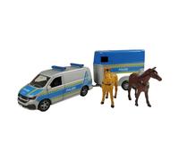 Kids Globe VW Transporter Polizia con rimorchio per cavalli Die Cast Pull Back 28 cm, giocattolo per bambini, 520359